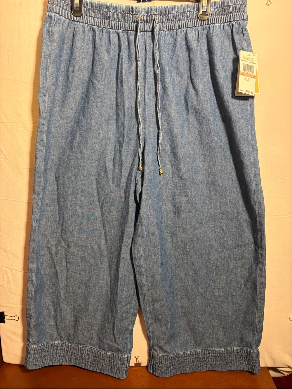 MICHAEL Michael Kors Blue Chambray Cropped Wide Leg Pants Drawstring Elastic